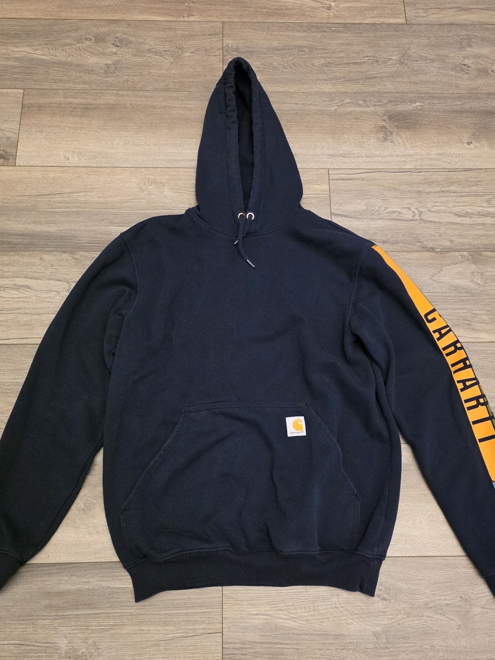 Carhartt Men’s Black Hoodie with Yellow Sleeve Logo